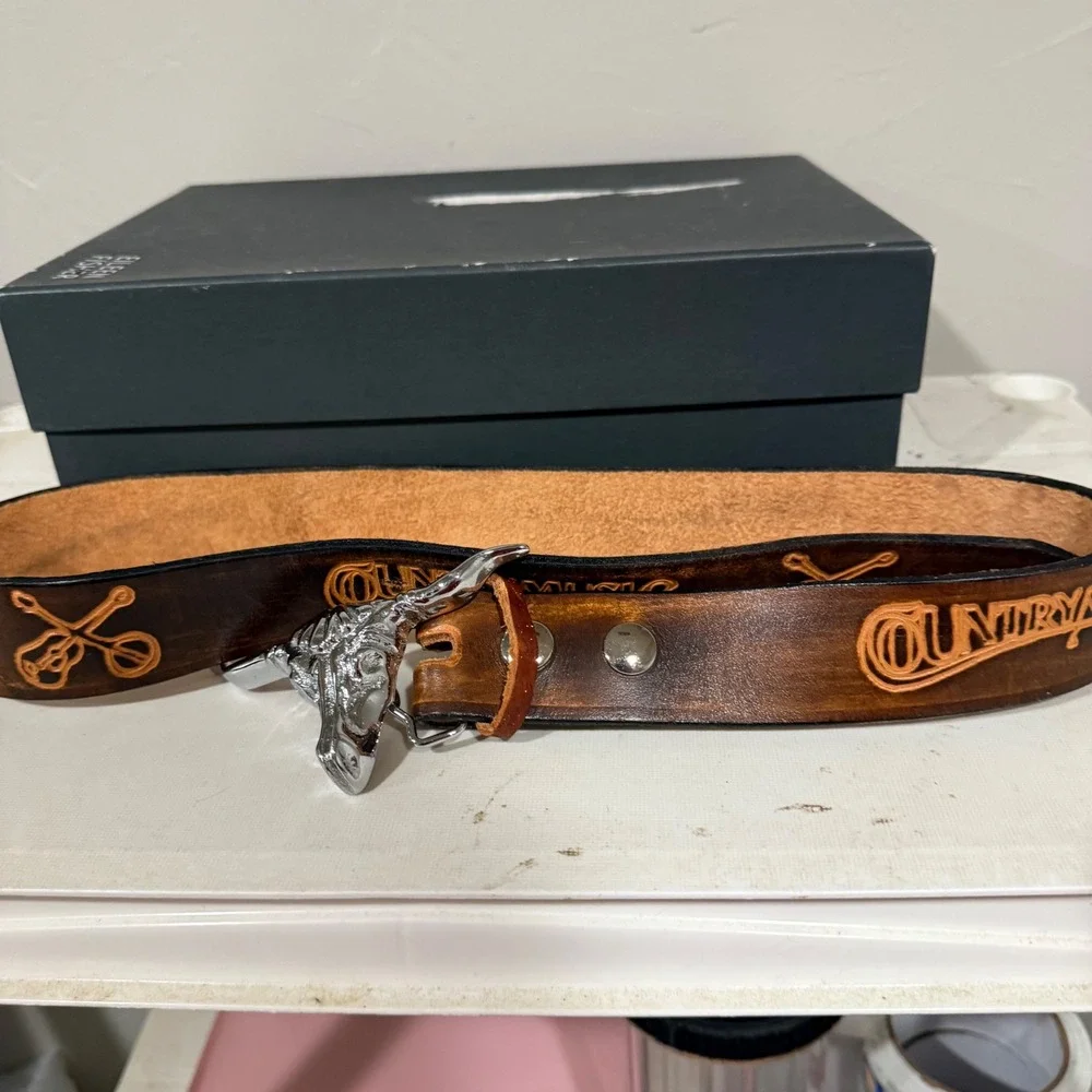 Unbranded Leather Belt Mens Brown Good Country Music Longhorn Skull Buckle